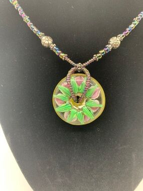 Purple & Green Glass Beaded 8” Necklace w Flower Pendant
